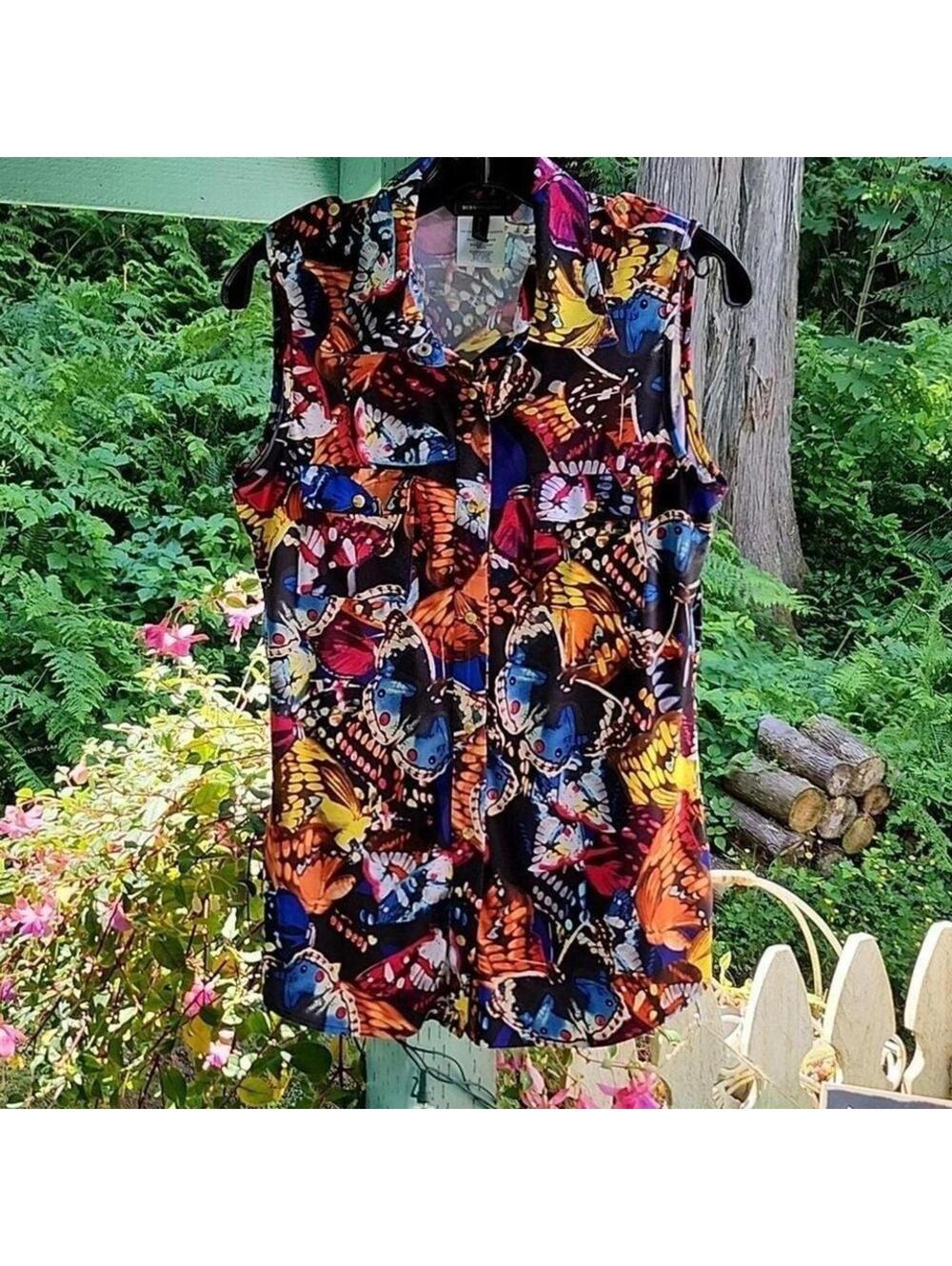 BCBG Max Azria Butterfly Print Sleeveless Blouse Medium Colorful Top